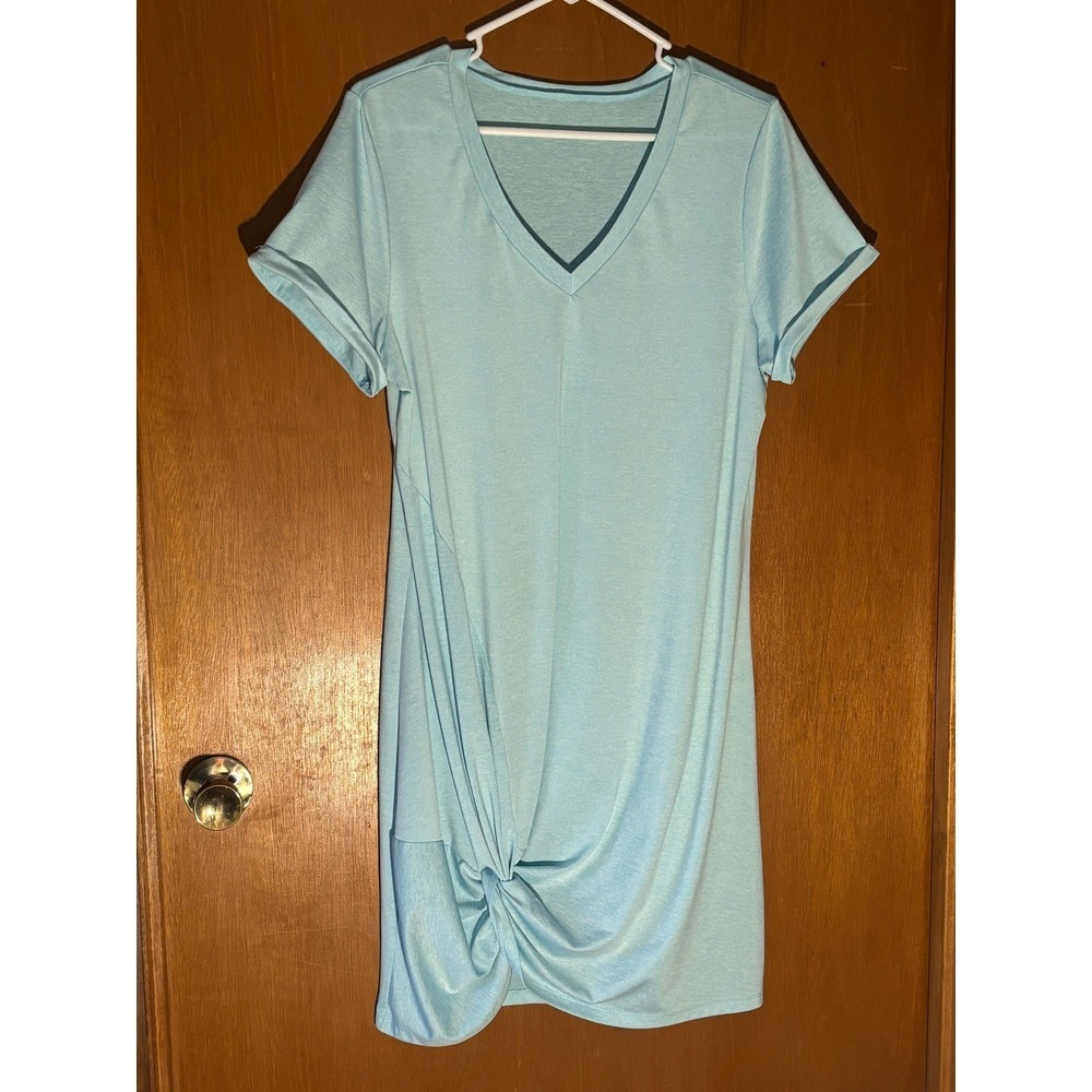 Light Teal Marl V-Neck Short Sleeve Twist Knot Hem T-Shirt Mini Dress‎ Womens